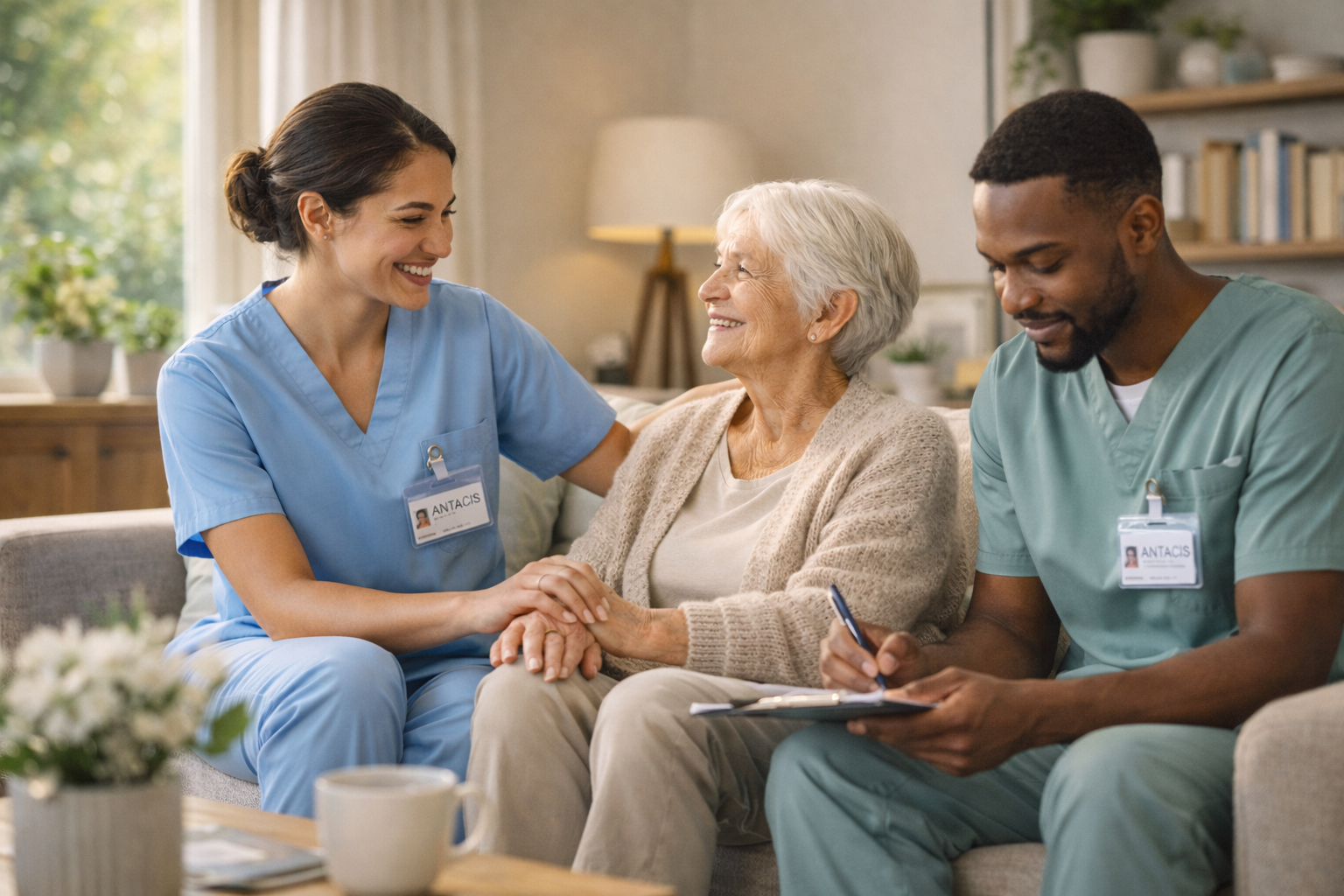 Caregivers supporting an elderly woman at home